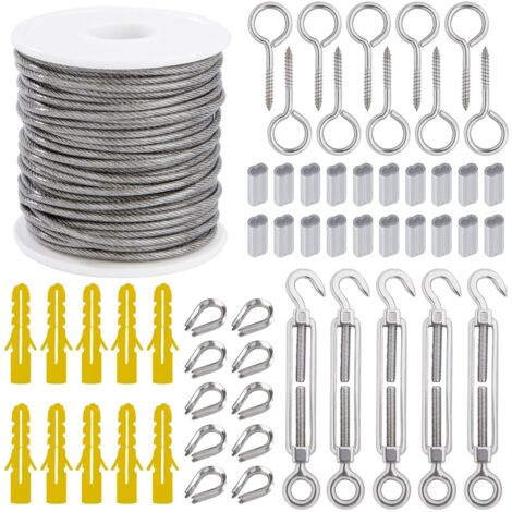 Câble Métallique Suspendre Kit 2mm Corde en Acier Inoxydable 30m avec Tendeur Vis à œillet Manchons en Aluminium Cosse Coeur 56 Pièces