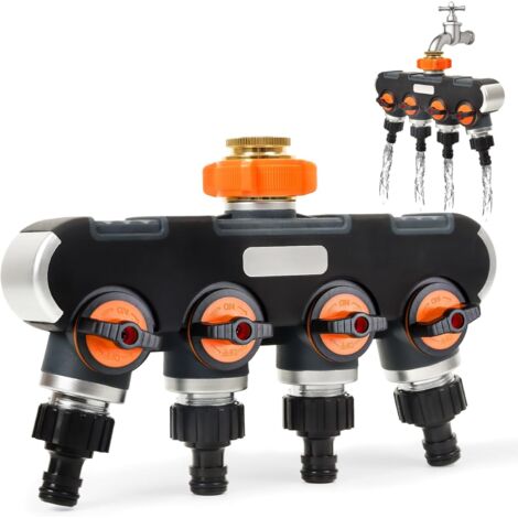 Répartiteur en 4 Voies - Distributeur d'eau 3/4" et 1/2" avec Vanne Robinet pour Connecter Simultanément 4 Appareils, Débit d'eau Réglable, Adaptateur pour Arroser Le Jardin