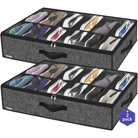 Lot de 2 Sac De Rangement pour Chaussures avec fenêtre Transparente - Organiseur à Chaussures pour Rangement 12 Compartiments boîte de Rangement sous Le lit, Noir Tissu en Lin (1/5)