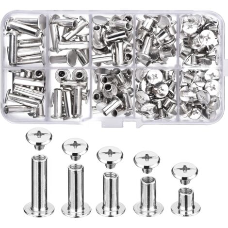 Ersandy – Assortiment de 80 vis Chicago – 5 tailles en acier au carbone plaqué nickel – Pour reliure et décoration en cuir – Boîte de rangement incluse