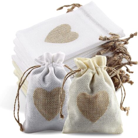 24Pcs Sachets en Toile de Jute Pochettes avec Cordon et Motif de Coeur, Sac Cadeau de Bonbons, Jute Pochette Baptême Sac, Mariage Lumières pour Bonbons Adeaux Cadeau Sac pour Farce Bijoux Sac
