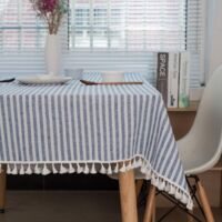 Nappe Rectangle Nappes Nappe à Pampilles rayées Protection de Table Jupe de Table en Lin Table à Manger de Cuisine (Rayures Bleues/Blanches, 140×250cm)