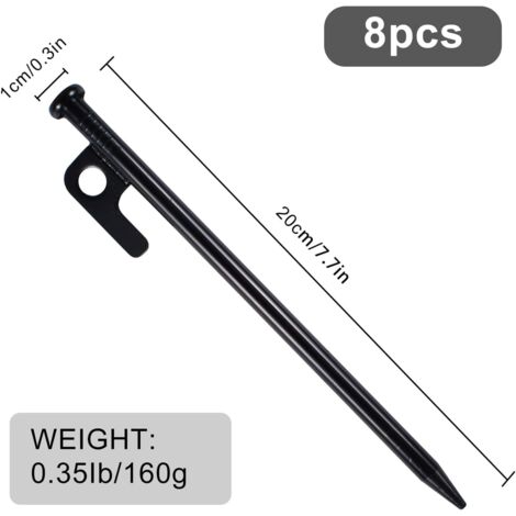 Lot De 8 Piquets De Tente Robustes 20 Cm – Sardines Camping En Acier Forgé Noir Avec Crochet Et Trou – Fixation Solide