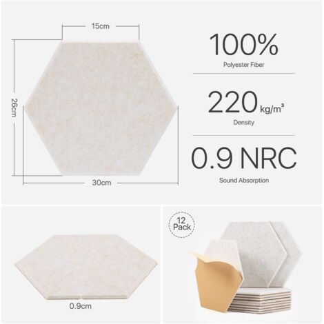 Lot De 12 Panneaux Acoustiques Hexagonaux Autocollants 30x26x0.9cm - Isolation Sonore Pour Bureau Et Studio