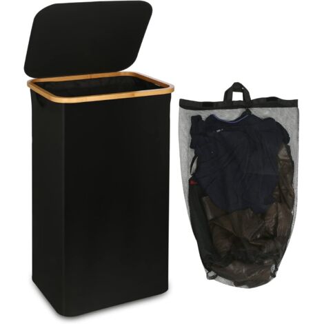 Grand Panier à Linge Noir Avec Couvercle, Panier à Linge 100 L, Anse En Bambou Panier A Linge Pliable Xxl Avec Sac Interieur 91917831