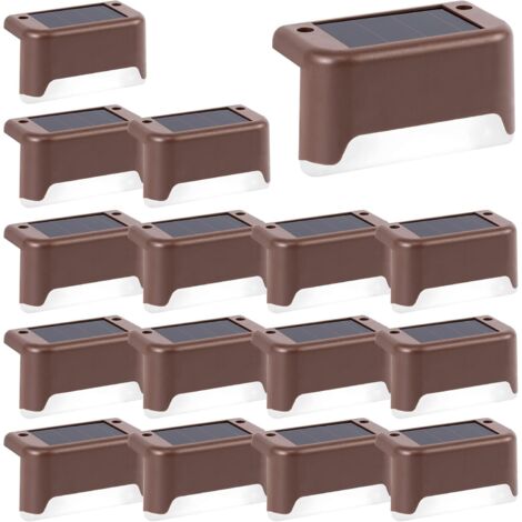 Lot de 16 lampes solaires étanches pour clôture, escaliers, clôture, cour, terrasse et chemin (marron, blanc) (1/5)