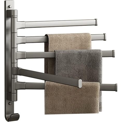 Porte-serviettes pivotant avec crochet, mural pivotant à 180°, porte-serviettes en aluminium, gris (5 bras) (1/5)