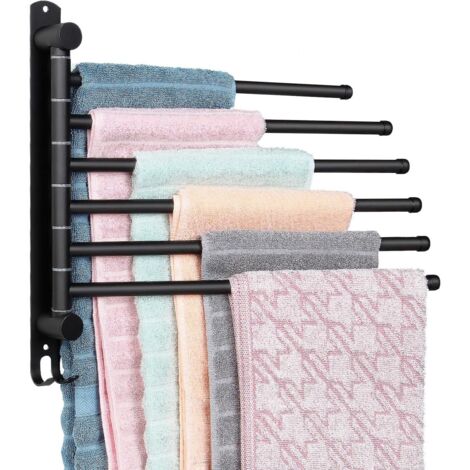 Porte-serviettes pivotant, barre à serviettes à 6 bras en acier inoxydable, fixation murale avec crochets (noir) (1/5)