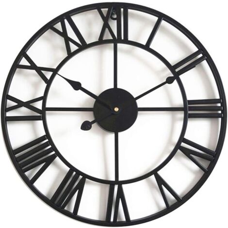 Horloge de jardin murale d'extérieur, grande horloge de jardin à chiffres romains, en fer forgé, 50 cm (noire)