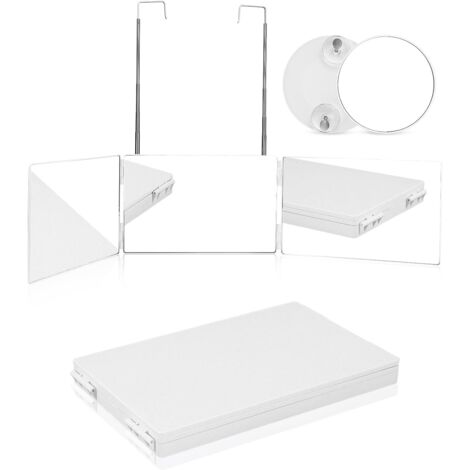 Miroir à crochet 360° à trois côtés avec miroir grossissant 10x pour coiffure, rasage, maquillage, blanc (1/5)