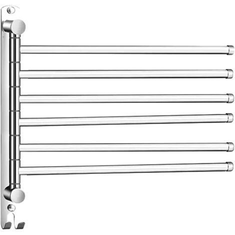 Porte-serviettes pivotant, barre à serviettes à 6 bras en acier inoxydable, fixation murale avec crochets (argent) (1/5)