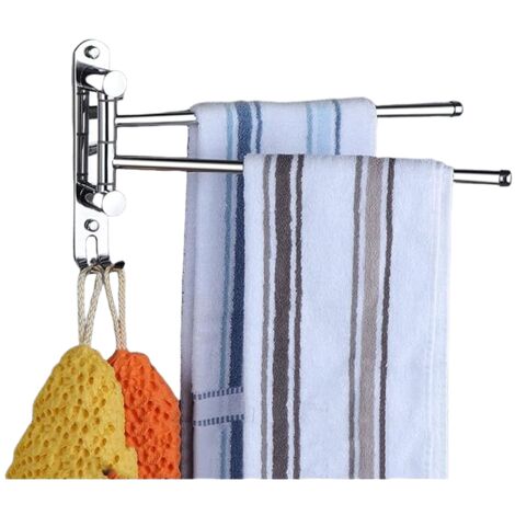 Porte-serviettes pivotant, barre à serviettes à 2 bras en acier inoxydable, fixation murale avec crochets (argent) (1/5)