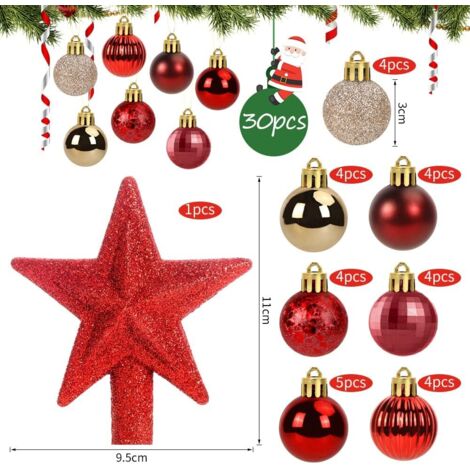 30 Mini Boules De Noël 3cm Rouge Blanc - Set Baubles Sapin Scintillantes