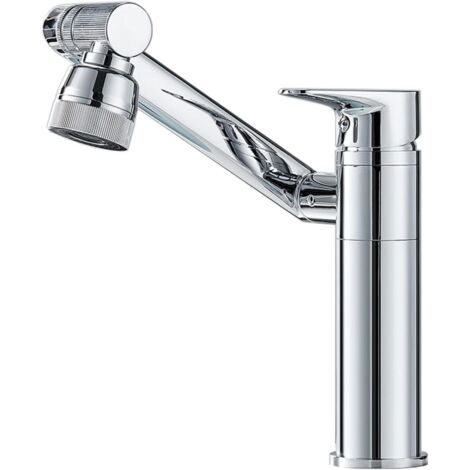 Robinet de lavabo haut, rotation à 360 degrés, robinet d'eau chaude et froide à un trou, avec tuyau d'arrivée d'eau, argent (1/4)