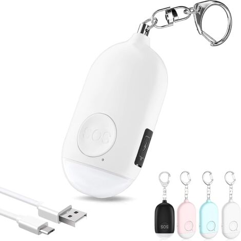 Alarme personnelle anti-attaque 130 dB avec porte-clés, alarme rechargeable avec lampe de poche LED pour femmes, enfants et personnes âgées (blanc) (1/5)