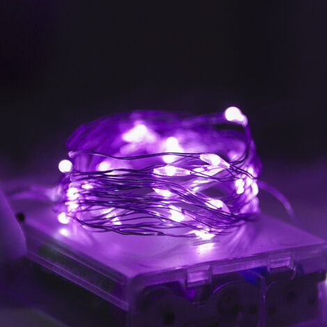 Guirlande lumineuse en fil de cuivre alimentée par batterie pour chambre, fête, festival, etc. (2 mètres, 20 lumières, lumière violette) (1/5)