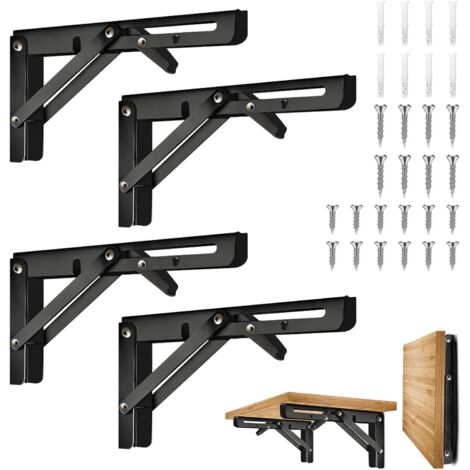 Lot de 4 supports pliables de 20 cm, support mural télescopique en acier inoxydable pour tablette de garage et de cuisine – Noir (1/5)