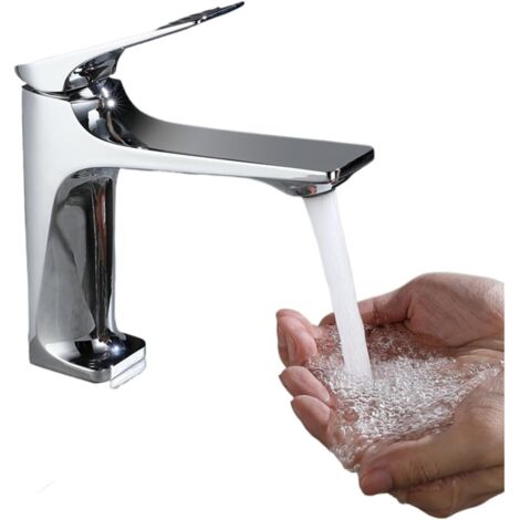 Robinet de lavabo de salle de bain en laiton à poignée unique, mitigeur d'eau chaude et froide (placage argent) (1/4)
