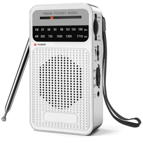 Radio portable AM ​​FM avec réception longue portée, radio à transistor avec haut-parleur, prise casque, argent