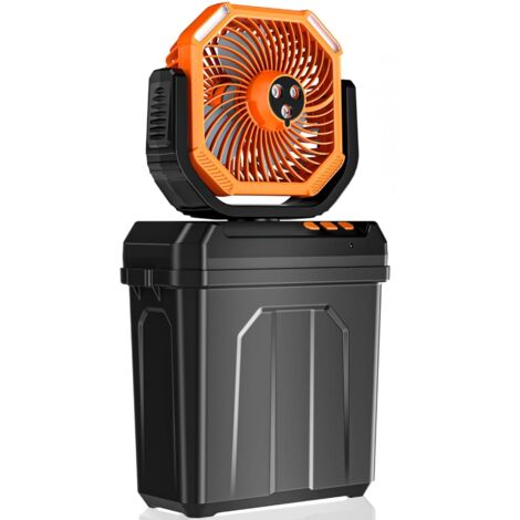 Ventilateur brumisateur portable rechargeable pour l'extérieur, pulvérisateur d'air froid pour camping, seau de 6 L, 3 buses, noir et orange