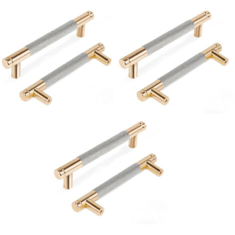 Poignées de meubles moletées, poignées d'armoires de cuisine, poignées de tiroir, entraxe 128 mm, 6 pièces (or + gris) (1/4)