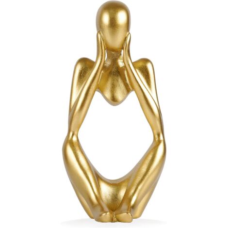 Statue de penseur, sculpture de penseur en résine, ornement de bureau de décoration intérieure, or (1/4)