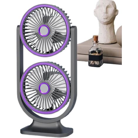 Ventilateur de table, chargement USB, silencieux, double tête, convient pour la maison, l'extérieur, les voyages, l'école, 14 x 9,5 x 30 cm, violet (1/5)