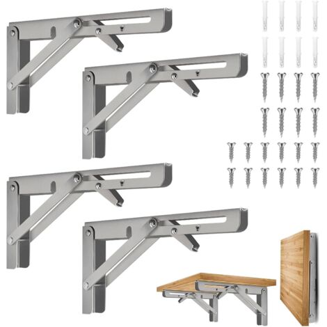 Lot de 4 supports pliables de 20 cm, support d'étagère télescopique mural en acier inoxydable pour garage et cuisine – Argent (1/5)