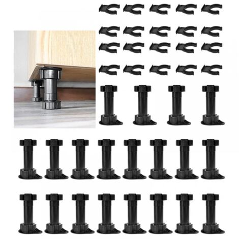 Pieds de meubles réglables, 100-120 mm, en plastique noir, avec 20 clips de base pour meubles, armoires, cuisine, canapé, 20 pièces (1/5)