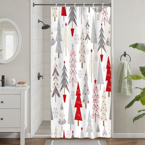 Rideau de douche anti-moisissure, 90 x 180 cm, motif sapin de Noël abstrait gris rouge, lavable et imperméable, avec 6 crochets.