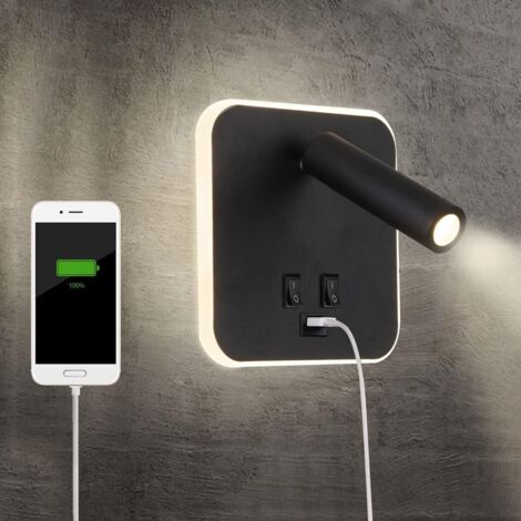 Lampe de chevet LED avec port de charge USB, applique murale d'intérieur, avec interrupteur, noir, 3 W + 10 W (carrée USB)