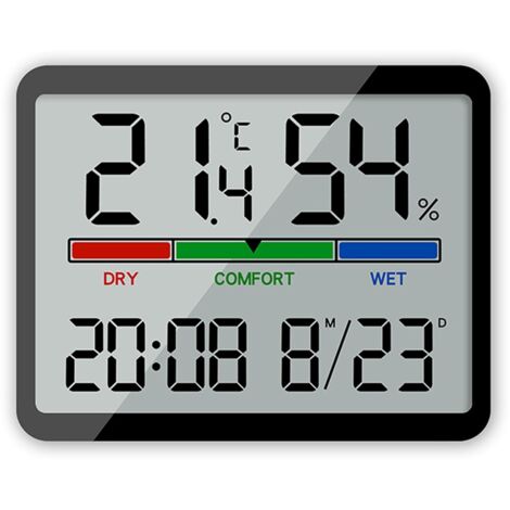 Thermo-hygromètre - Grand écran LCD - Avec fonction horloge - Convient aux serres et aux maisons - Noir (1/5)