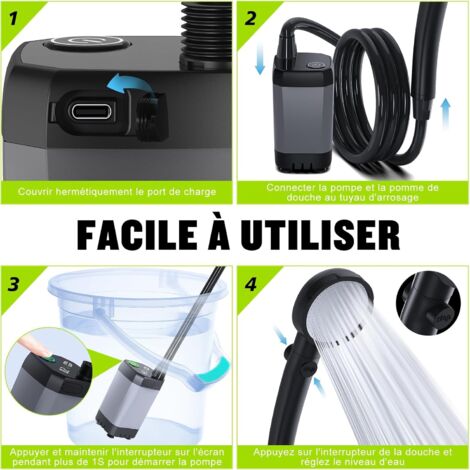 Douche Camping Portable – Pompe Électrique Rechargeable USB-C, 4000mAh, 3 Jets, 5L/min, Ventouse + Crochet, Pour Rando, Plage, Voyage