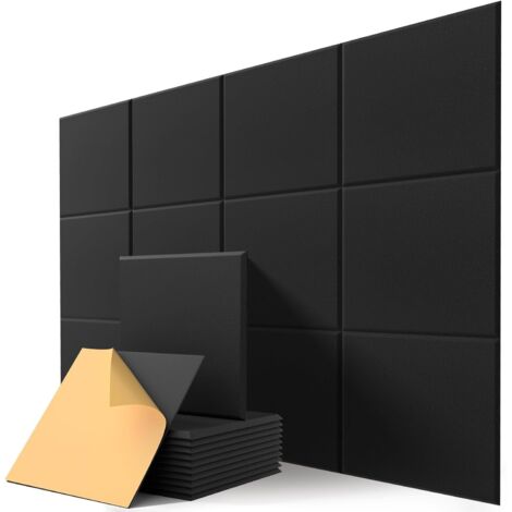 Panneaux muraux acoustiques carrés, autocollants, 30 cm x 30 cm x 9 mm, noirs, pour studios, chambres et maisons, lot de 12 (1/5)