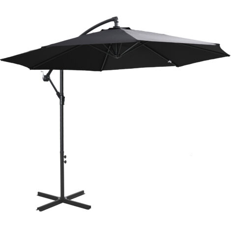 Parasol déporté à manivelle, structure en acier et toile en polyester, noir, Ø3 x 2,5 m (1/5)