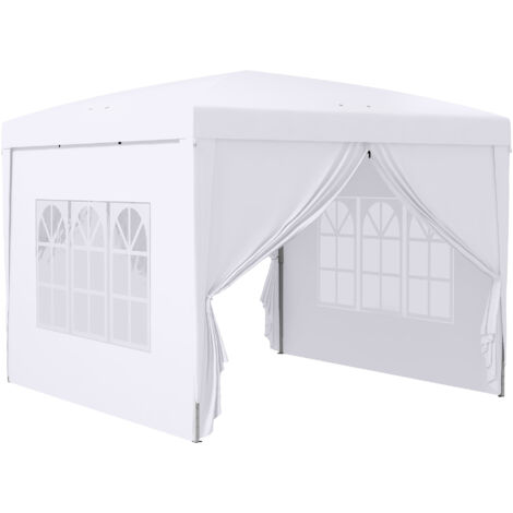 Pavillon 3x3m avec 4 parois latérales et fenêtres, protection UV, sac de transport inclus, structure en acier et toile Oxford, blanc (1/5)