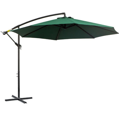Parasol déporté à manivelle, structure en acier et toile en polyester, vert, Ø 2,95 x 2,45 m, idéal pour jardin et terrasse. (1/5)