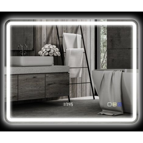 Miroir de salle de bain lumineux 70x90 cm, miroir mural LED avec fonction musique Bluetooth, horloge, interrupteur tactile, fonction mémoire (1/5)