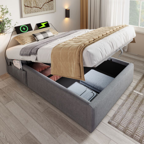 Cama con almacenamiento 90x190 cm, cama individual 90x190 cm, cama acolchada con USB-C y somier, sin cabecero, sin colchón, algodón, gris (1/5)