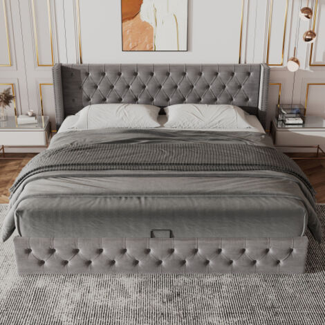 Cama con almacenamiento 140x200 cm cama para adultos acolchada con canapé hidráulico, somier de tejido no tejido impermeable negro, gris, sin colchón