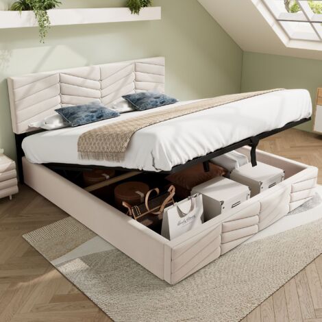 Cama con almacenamiento cama doble acolchada para adulto 140x200 cm con cabecero regulable en altura, terciopelo, beige