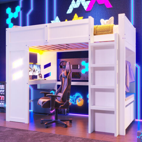 Cama alta infantil 90x200 cm con iluminación LED, 1 puerto USB, 1 puerto USB-C, escalera, escritorio, cajones, armario abierto, colchón no incluido, blanco