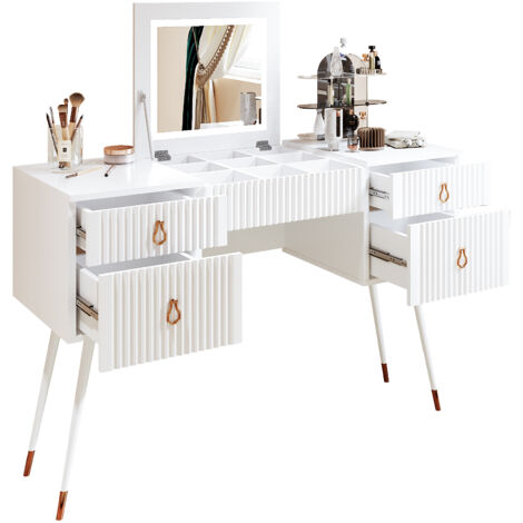 Tocador con espejo, brillo regulable, cómoda, MDF, blanco (sin taburete) - 120x45x80cm, 4 cajones (1/5)