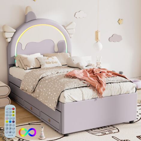 Cama infantil 90x200 cm, LED, 3 cajones, cama individual con cama nido, PU, ​​sin colchón, violeta