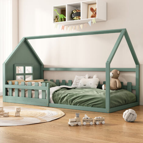 Cama infantil 90x200cm, cama cabina, forma de casa, barrera de seguridad, somier de láminas, pino+MDF, sin colchón, verde