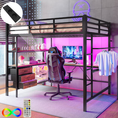 Cama alta 140×200cm, cama juvenil LED, con escritorio y 3 cajones, USB + enchufe, sin colchón, metal, negro