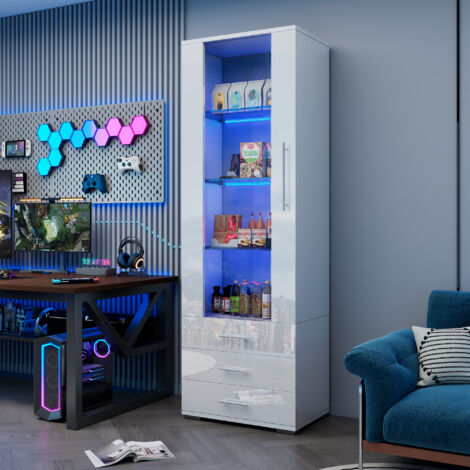 Vitrina LED de cristal, 3 cajones, 1 puerta, mueble de salón dormitorio, MDF, 60×35×180 cm, blanco
