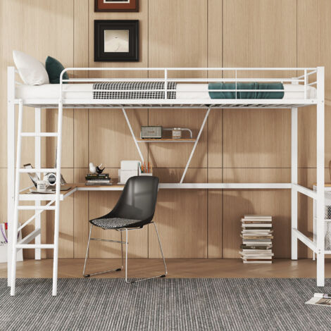 Cama alta 90x200 cm, cama infantil con 1 escritorio y estante de almacenaje, metal, Sin colchón, color blanco