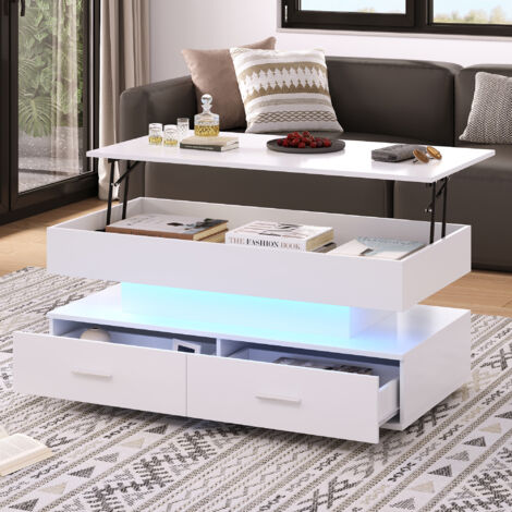 Mesas de centro elevables 100x50x44 cm, con LED, 2 cajones y compartimento de almacenaje abierto, color blanco