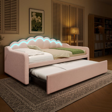 Sofá cama infantil 90x200 cm, LED, cama doble, cabecero ondulado, sin colchón, terciopelo, rosa